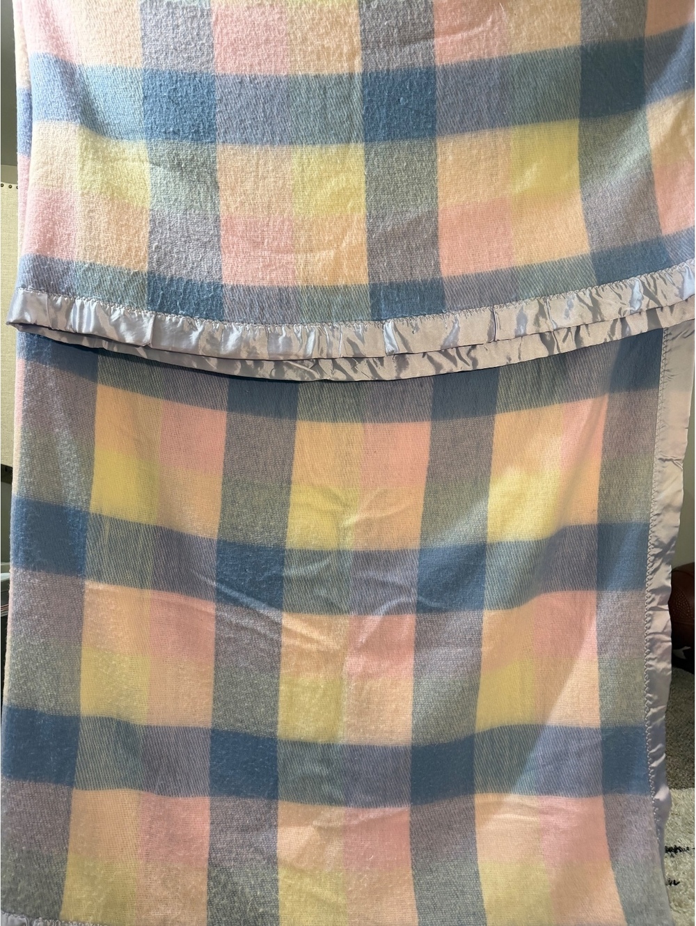 Vintage Pastel Plaid Acrylic Blanket with Satin Trim 98” x 98”